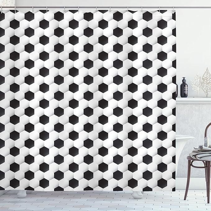 Ambesonne Sports Shower Curtain, Soccer Ball Vivid Pattern Athletic Sport Themed Geometrical Modern Design, Cloth Fabric Bathroom Decor Set with Hooks, 69" W X 75" L, White Grey