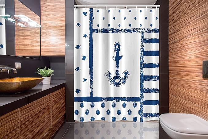 Ambesonne Anchor Stall Shower Curtain, Grunge Murky Boat Marine Silhouette Polka and Stripe Retro Navy Theme Art, Fabric Bathroom Decor Set with Hooks, 54" W x 78" L, Dark Blue White