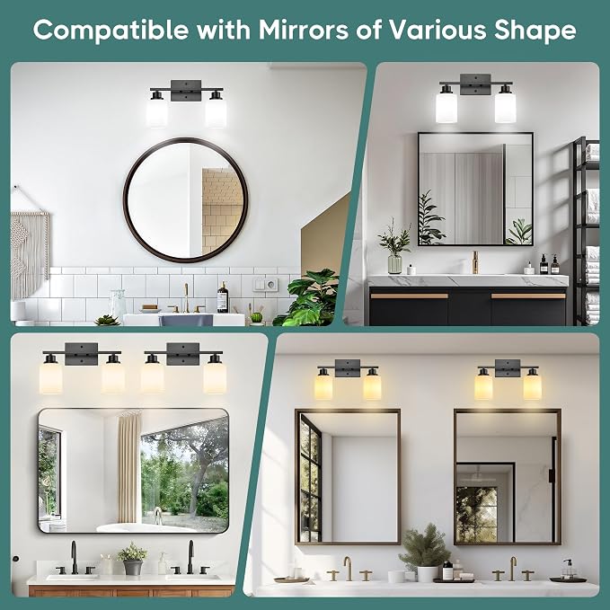 Ascher Bathroom Light Fixtures, 2-Light Vanity Light Over Mirror, Matte Black Wall Sconces with Milky White Frosted Glass Shades, Wall Lamp for Living Room Bedroom, E26 Base(Bulbs Not Included)