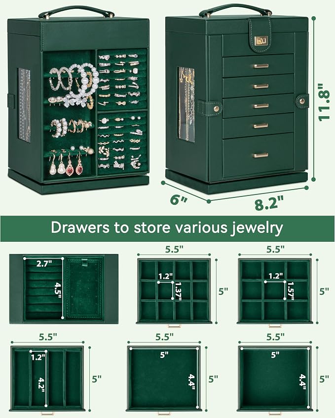 AKOZLIN 6-Tier Jewelry Box Organizer Functional 5 Drawers Leather Jewelry Storage Case for Women Girls Ring Necklace Earring Bracelet Holder Organizer with Mirror Green 360° Rotating