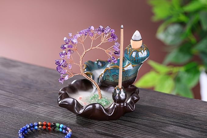 Jovivi Backflow Incense Burner Ceramic Incense Waterfall, Natural Amethyst Healing Crystal Money Tree Incense Holder for Wealth, Good Luck, Yoga Meditation, Home Decor