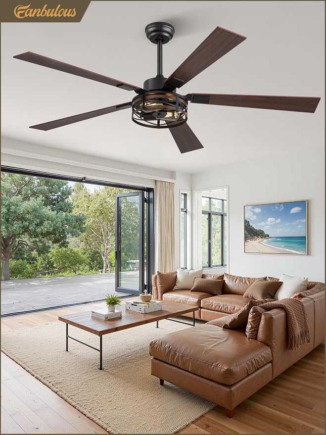 Farmhouse Ceiling Fans with Light, 60 Inch Bedroom Ceiling Fan with Lights, 6-Speed Adjustable, Quiet and Reversible DC Motor, Dual Finish 5 Blades, Rustic Caged Black Ceiling Fan for Living Room