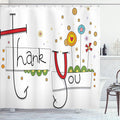 Ambesonne Graphic Art Shower Curtain, Fun Thank You Typography with Abstract Cartoon Style Flowers Hearts and Dots, Cloth Fabric Bathroom Decor Set with Hooks, 69" W x 70" L, Green Black