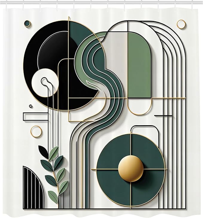 Ambesonne Modern Shower Curtain, Art Mid Century Arch Stripes and Curving Details with Rounds and Leaves, Cloth Fabric Bathroom Decor Set with Hooks, 69" W x 70" L, Petrol Blue White Green