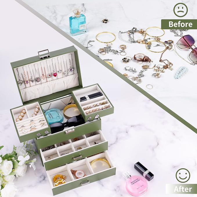 Dajasan Jewelry Organizer Box, Large Jewelry Boxes for Women Girls, Space-Saving 4 Layers Jewelry Storage Case with Drawer, Movable Metal Stand, Modern, Gift Idea (Green)