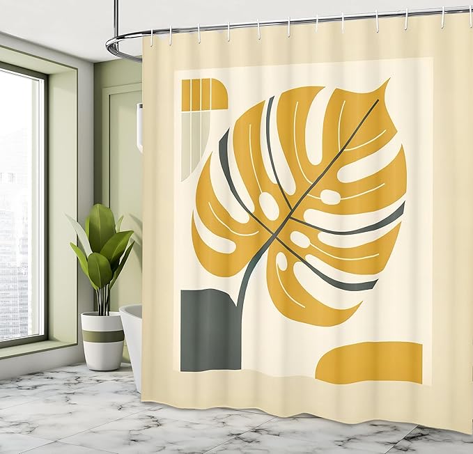 Ambesonne Yellow Shower Curtain, Abstract Modern Monstera Leaf Paint with Geometric Shapes and Frame Like, Cloth Fabric Bathroom Decor Set with Hooks, 69" W x 84" L, Orange Dimgray Beige
