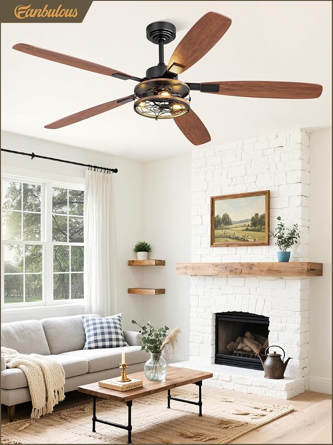 Fanbulous Farmhouse Ceiling Fan with Light and Remote, Industrial Caged Flush Mount Ceiling Fans with 6 Speed Reversible Motor and Dual Finish 5 Blades, for Living room, Bedroom (Black, 60 Inch)