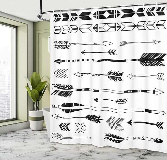 Ambesonne Arrow Shower Curtain, Indie Western Arrows Traditional Folk Culture Print, Cloth Fabric Bathroom Decor Set with Hooks, 69" W x 70" L, White and Black