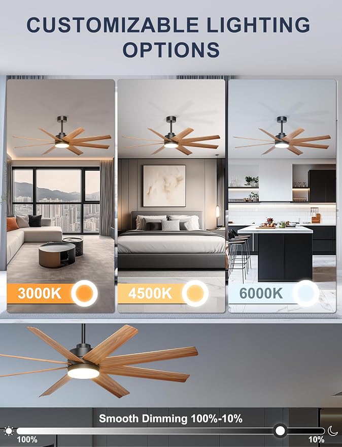 Ohniyou 60'' Ceiling Fan with Light - 8 Blades Modern Farmhouse Ceiling Fan Remote/APP Control, Dimmable, Covered Outdoor Fan for Patio, Living Room, Black+Wood Color