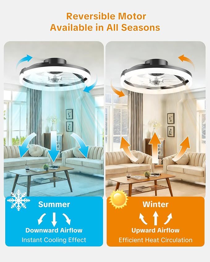 Ceiling Fans with Lights and Remote, Low Profile Ceiling Fan, Morden Flush Mount LED Fan Light, 3000K-6500K Dimmable for Bedroom, Kitchen, Living Room, Frosted, Black
