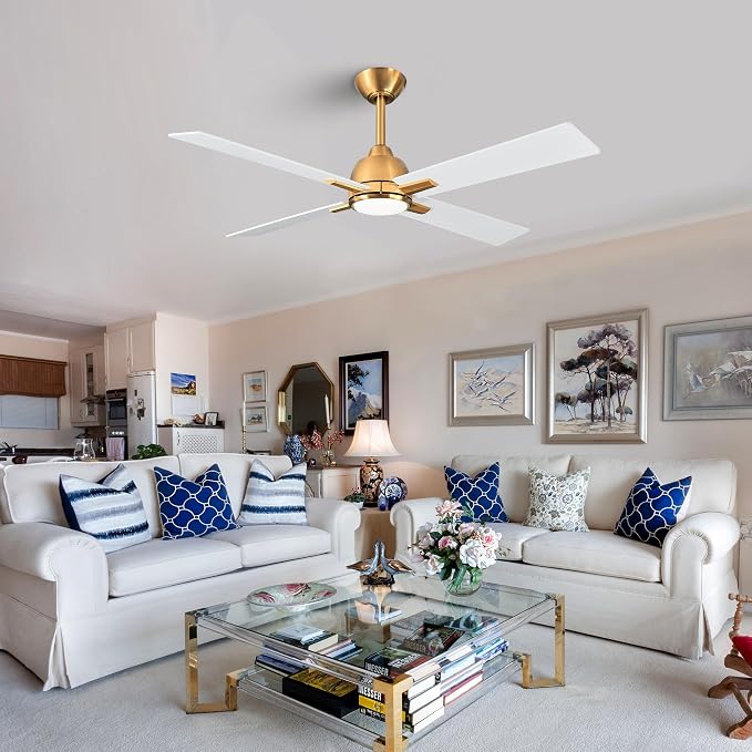 48" Modern White & Gold Ceiling Fan with LED Light and Remote Control, Quiet Reversible DC Motor, 6-Speed Indoor Ceiling Fan for Bedroom, Living Room, Dining Room