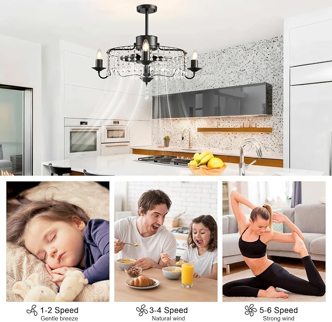 Garwarm 20in Ceiling Fans with Lights,Black Crystal Fandelier Bladeless Industrial Ceiling Fan with Remote,Flush Mount Ceiling Fan Lights for Bedroom Kitchen