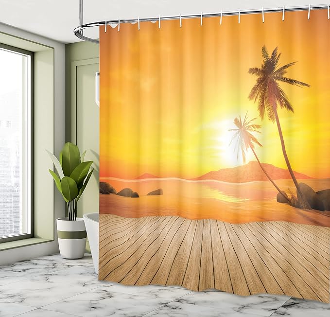 Ambesonne Ocean Shower Curtain, Sunset Over The Ocean with Palm Tree and Wooden Deck Horizon View Image Tropical, Cloth Fabric Bathroom Decor Set with Hooks, 69" W x 70" L, Orange Brown