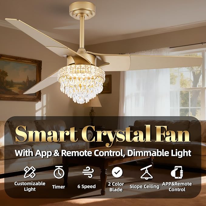 Chandelier Ceiling Fans With Lights And Remote, Chandelier Fan Ceiling,Crystal Ceiling Fan Fandelier With Lights,6 Speed 3 Timer Quiet Ceiling With Fans For Living Room Bedroom (Gold, 52 In'ch)