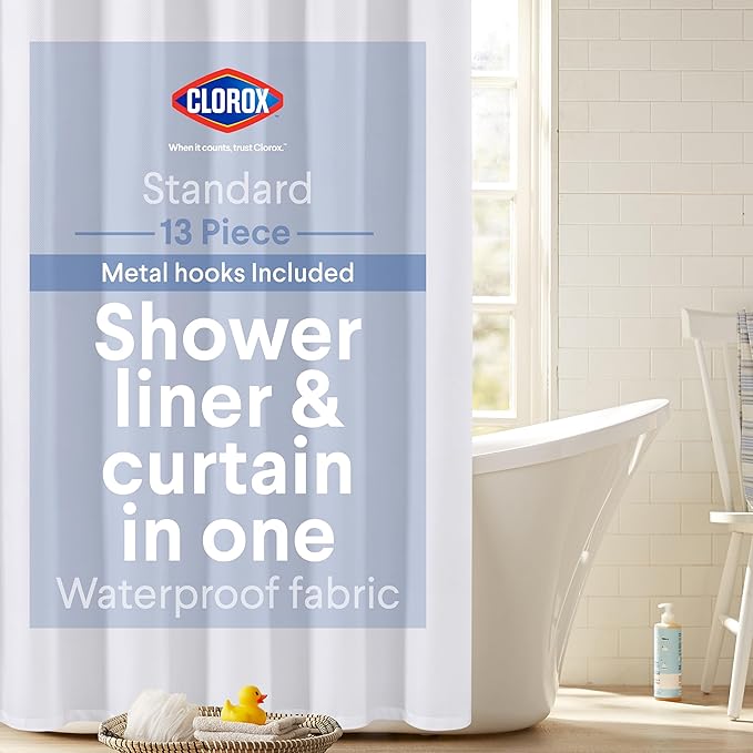 Clorox 2-in-1 Bathroom Shower Curtain Liner w Metal Hooks, Durable Fabric, Weighted Magnets for Bath Water Control, Washable Premium Quality, Modern - 72" x 72" White