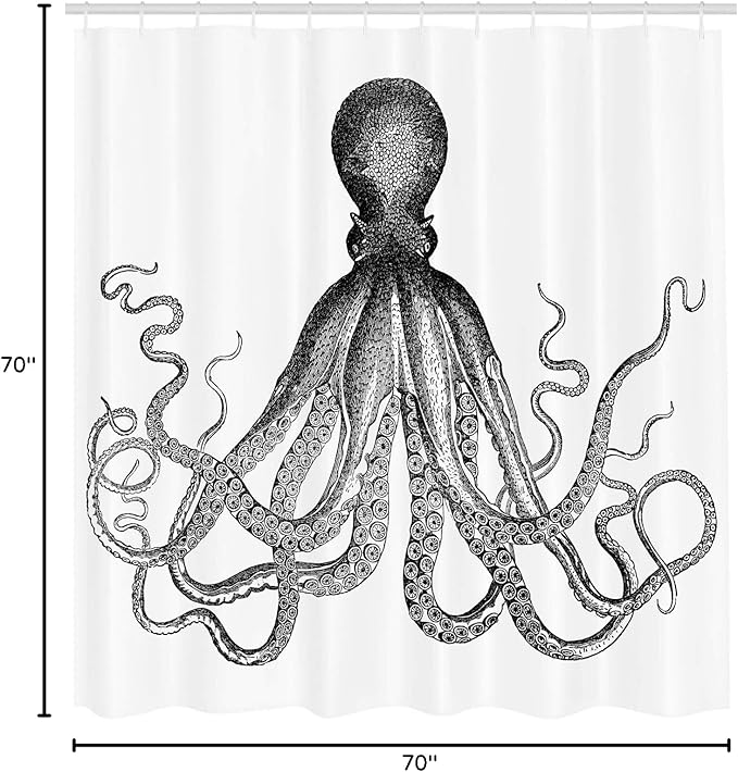 Ambesonne Nautical Shower Curtain, Vintage Engraved Illustration of an Octopus Sea Creature Monochrome Art, Cloth Fabric Bathroom Decor Set with Hooks, 69" W x 70" L, Grey Black