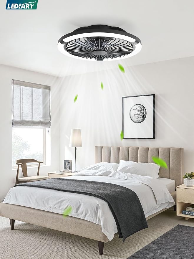 LEDIARY 20" Bladeless Ceiling Fan with Light,Low Profile LED Ceiling Fans with Remote & Smart APP Control,Modern Enclosed Flush Mount Fandelier with Timming,6 Speed,3000-6000K,Bedroom,Kids Room-Black