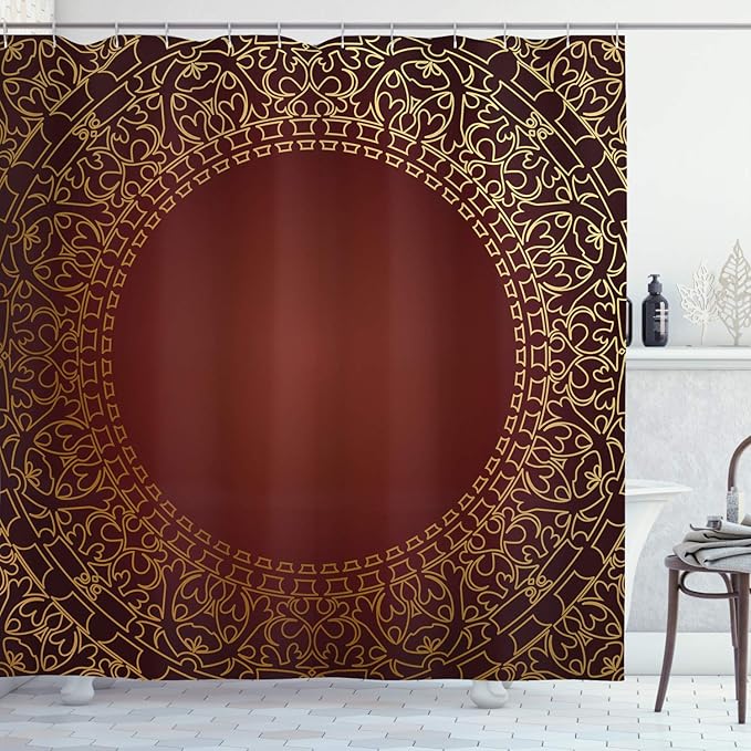 Ambesonne Maroon Shower Curtain, Vintage Frame with Eastern Motifs Traditional Retro Classic Art, Cloth Fabric Bathroom Decor Set with Hooks, 69" W x 75" L, Earth Yellow
