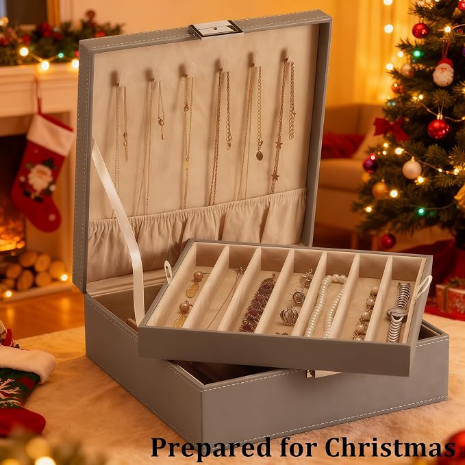BEWISHOME Jewelry Box Organizer, 2-Layer Necklace Organizer Box, Modern Style Necklace And Bracelet Storage Case, Necklace Case for Women, Girls Mothers Day (Grey SSH31H)