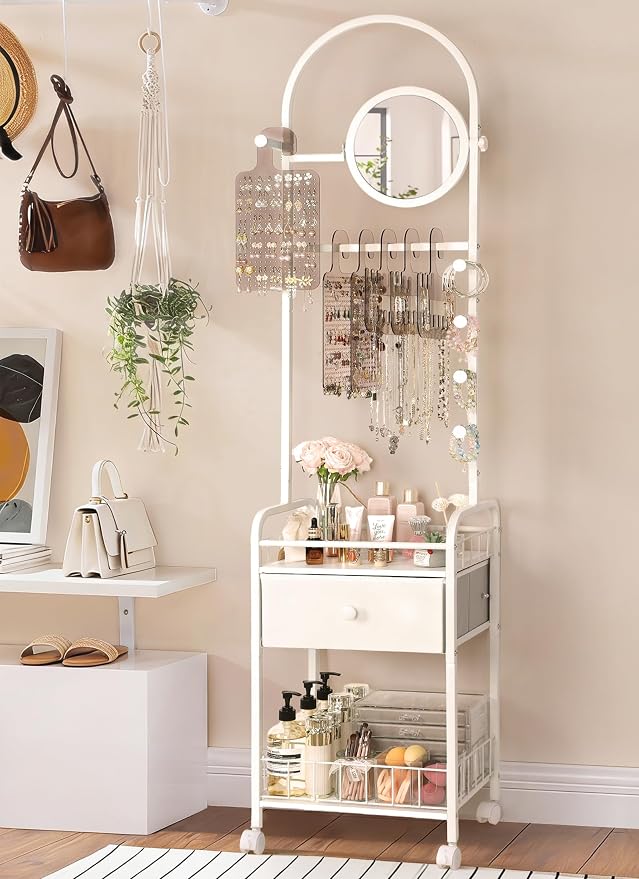 Keebofly Floor Jewelry Organizer with Adjustable Mirror & Drawer | 67.5" Tall Mobile Jewelry Tower with 6 Acrylic Pegboards, Large Drawer & Wheels, Perfect Floor Organizer for Women