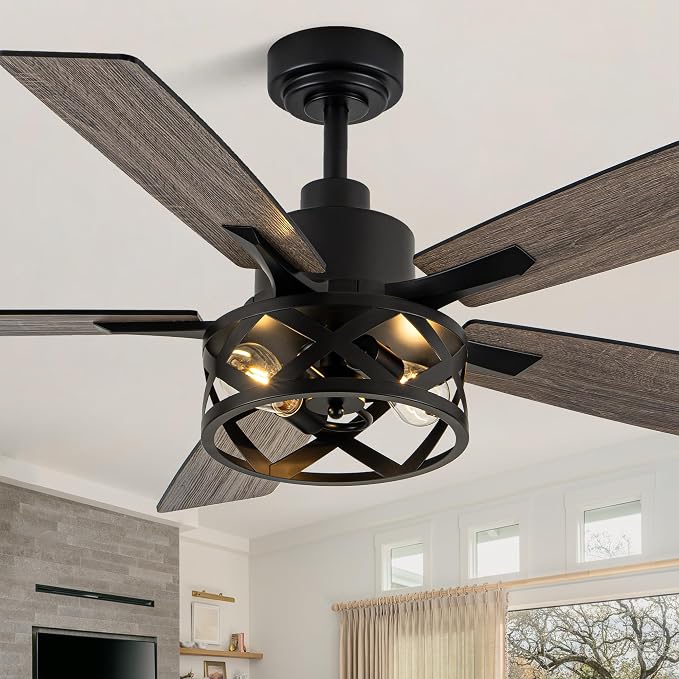 Dawn Whisper 52 Inch Farmhouse Ceiling Fans with Lights and Remote Quiet and Reversible DC Motor Black Industrial Rustic Caged Ceiling Fan for Bedroom Living Room Covered Patio