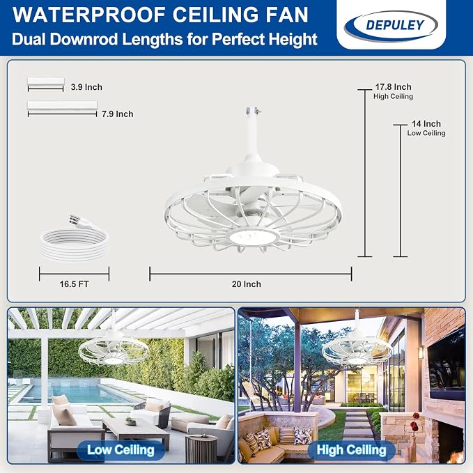 Depuley Outdoor Ceiling Fan with Light: 20 Inch Outdoor Gazebo Hanging Fans with Remote App - Waterproof Plug in Caged Ceiling Fan for Patio Porch Canopy Pergola white