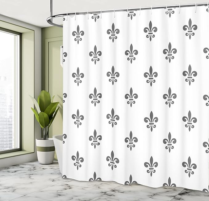 Ambesonne Fleur De Lis Shower Curtain, A Fleur-de-Lis Royal Lily in Simple Old Style Ornate with Antiquity of Abstract Pattern, Cloth Fabric Bathroom Decor Set with Hooks, 69" W x 84" L, Grey White
