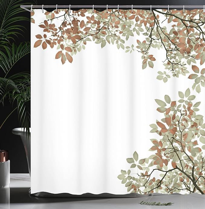 Ambesonne Leaves Shower Curtain, Broad Leaves Close-up Background Autumnal Foliage Shrubs Illustration Print, Cloth Fabric Bathroom Decor Set with Hooks, 69" W x 75" L, Cinnamon and White