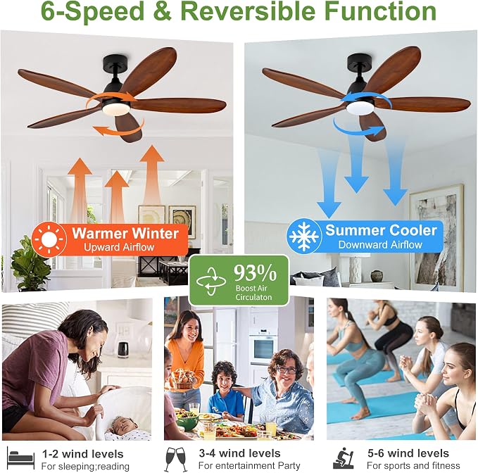 52 Inch Solid Wood Ceiling Fans With Lights, Remote Control, Dimmable, Reversible, Wood Blades, Power-Off Memory, Quiet DC Motor, Indoor/Oudoor Ceiling Fan with Light for Patio