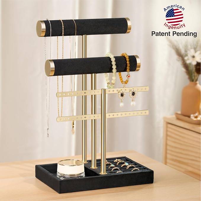 Jewelry Organizer Stand for Necklaces, Bracelets, Earrings, Rings, Black | 3 Tier Velvet Bracelet Holder Display | Jewelry Organizers and Storage | Jewelry Tree | Jewelry Towers