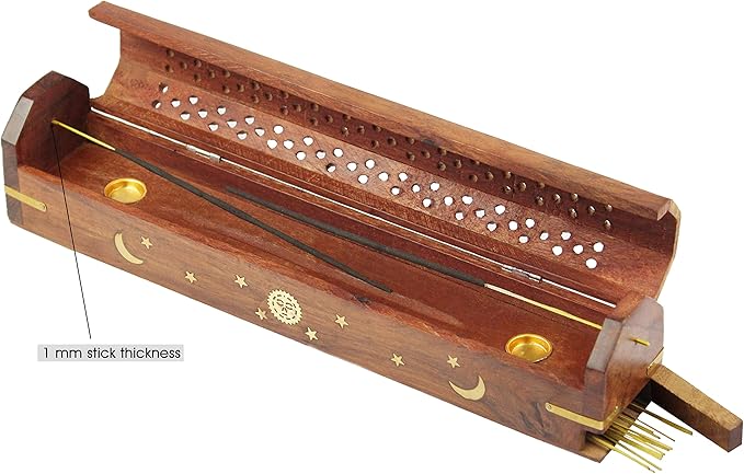 Sheesham Wood Incense Burner - Handmade Coffin Style Sun and Moon Inlay Incense Holder - Aromatherapy Room Freshener Cone Incense Stick Burner Ash Catcher - Zen Home Gift - 12x2x2 - COTTON CRAFT