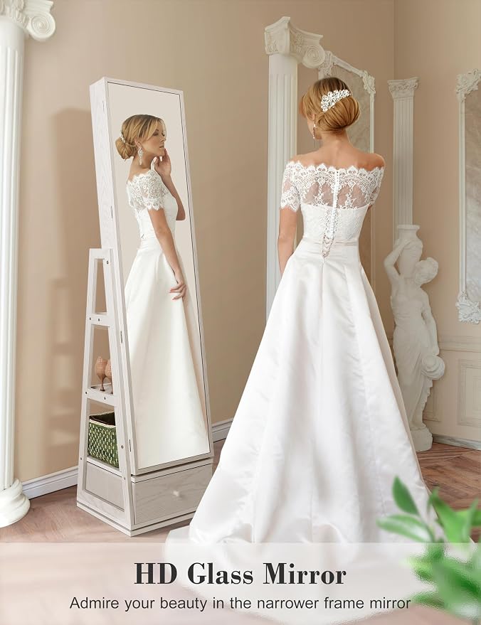 360° Swivel Jewelry Cabinet with Lights, Touch Screen Vanity Mirror, Rotatable Full Length Mirror with Jewelry Storage, Standing Jewelry Armoire Organizer, Foldable Makeup Shelf, White with Grain
