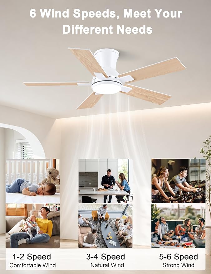 Modern Ceiling Fans with Lights - 42" Low Profile Ceiling Fan with Light and Remote, Flush Mount Reversible DC Motor, 6-Speed Quiet LED Dimmable for Bedroom, Indoor and Outdoor, Patios White