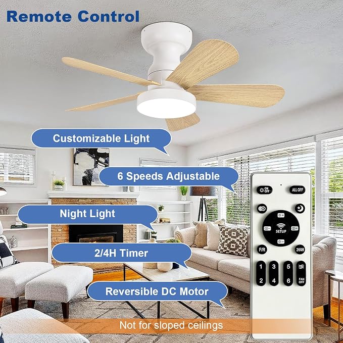 Depuley Small Ceiling Fan with Lights: 28-Inch Flush Mount Fan with Light and Remote - Low Profile Ceiling Fans Reversible Quiet DC Motor for Bedroom Living Room Indoor Outdoor, Wood Color