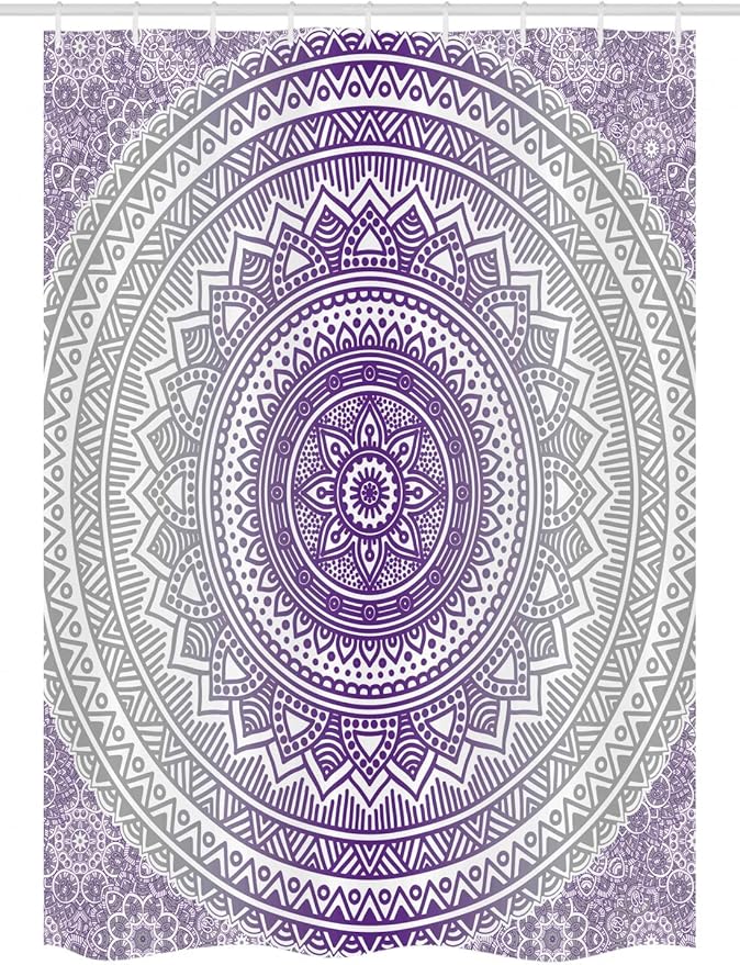 Ambesonne Grey and Purple Stall Shower Curtain, Eastern Traditional of Cosmos Pattern Boho Ombre Mandala Design Print, Fabric Bathroom Decor Set with Hooks, 54" W x 78" L, Purple White