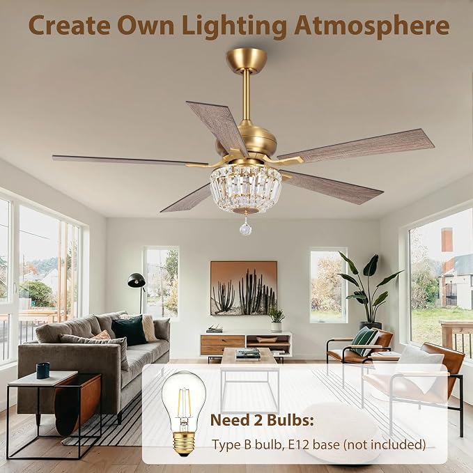 52" Crystal Ceiling Fan with Lights and Remote, Antique Bronze Chandelier Fan, Quiet 3-Speed Motor, 2-Light E12 Base, Elegant Fandelier for Bedroom Dining Room Living ROOM
