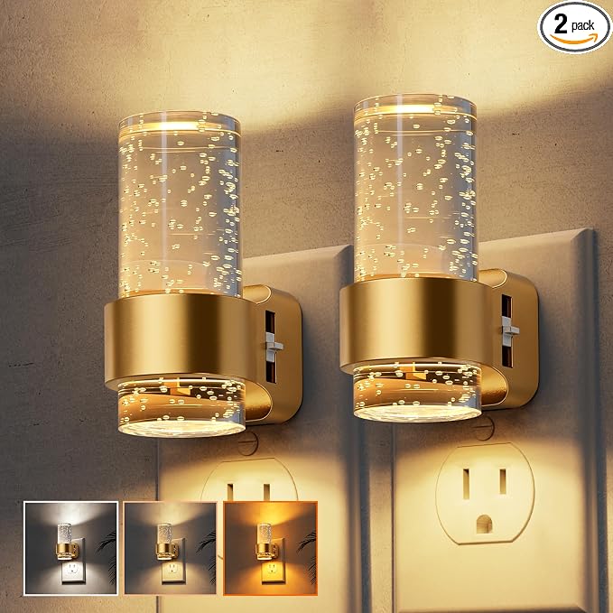 L LOHAS LED Night Lights Plug into Wall, 2 Pack Mini Dimmable Night Light | Dusk-to-Dawn, Soft White/Cool White/Amber 3 Light Color, 0-100LM Adjustable Brightness, Bubble Nightlight for Hallway