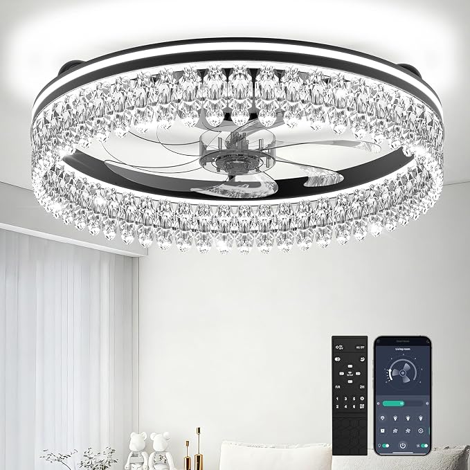 20" Ceiling Fan with Lights, Flush Mount Ceiling Fans, Ceiling Fans with Lights and Remote, 6 Speeds Dimmable Ceiling Lights with Fans, Quiet Modern Ceiling Fan for Bedroom Living Room