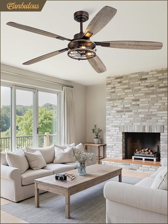 Fanbulous Farmhouse Ceiling Fan with Light and Remote, Industrial Caged Flush Mount Ceiling Fans with 6 Speed Reversible Motor and Dual Finish 5 Blades, for Living room, Bedroom (Oil Bronze, 60 Inch)