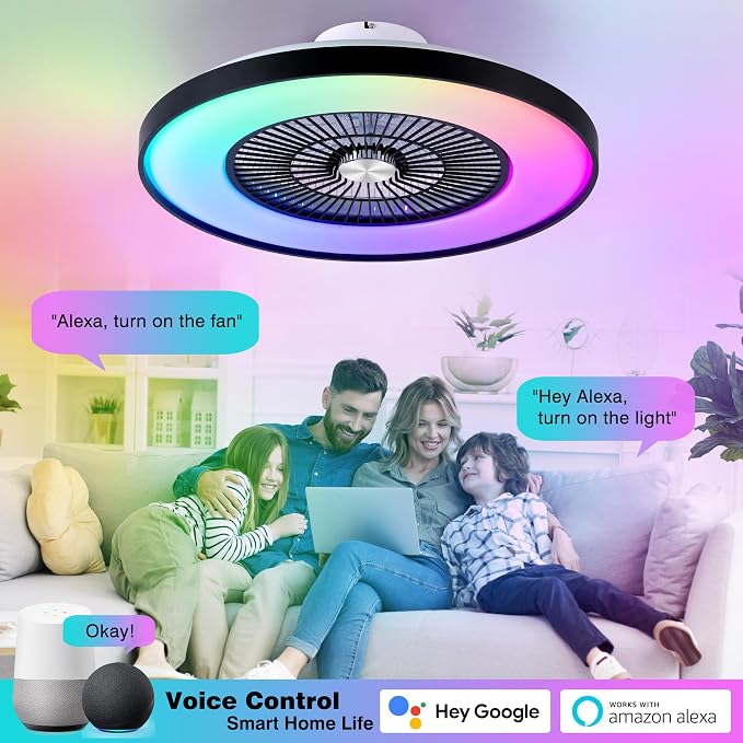 24" Bladeless Ceiling Fans with Lights and Remote/APP/Voice Control, Low Profile Ceiling Fan with RGB Lights, Enclosed Flush Mount Ceiling Fan for Kid's Bedroom/Living Room