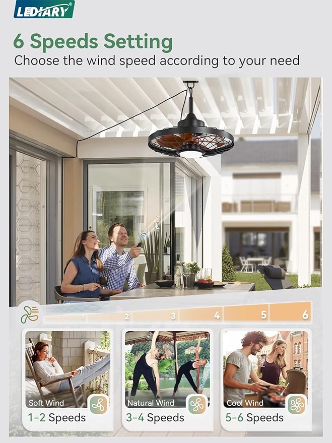 LEDIARY 20" Outdoor Ceiling Fan with Lights,IP65 Waterproof Gazebo Hanging Fan with Remote Control Smart App, Plug in Caged Ceiling Fan with 3CCT 6-Speeds for Patio Porch Pergola(Walnut)