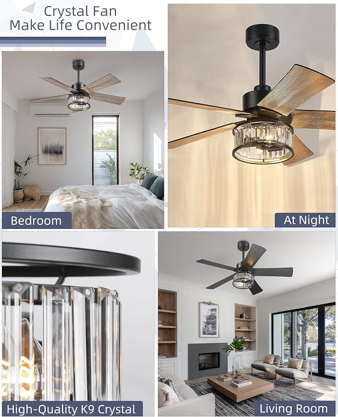 YOUKAIN 48 Inch Black Ceiling Fan with Lights and Remote, Modern Crystal Ceiling Fan, 5 Reversible Matte Black & Wood Blades, Quiet Indoor Ceiling Fan for Bedroom Living Room, 48-YJ632A-BK