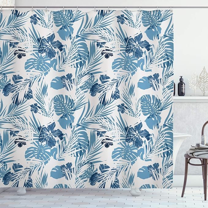 Ambesonne Leaf Shower Curtain, Island Ocean Beach Sea Inspired Hawaiian Flowers Palm Tree Leaves Art Print, Cloth Fabric Bathroom Decor Set with Hooks, 69" W x 70" L, Blue