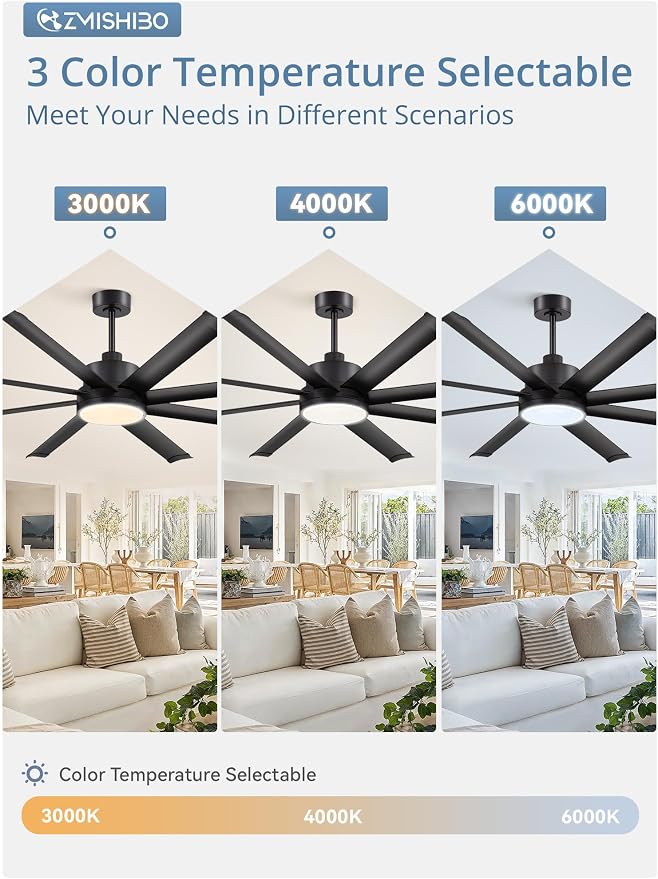 ZMISHIBO 72 Inch Ceiling Fans with Lights, Indoor/Outdoor Industrial Ceiling Fan with 8 Aluminum Reversible Blade, Quiet DC Motor, 3CCT&6-Speed Remote Control, Damp Rated for Living Room/Garage/Gazebo