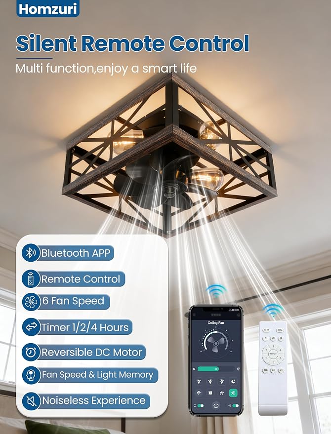 16" Caged Ceiling Fan with Light and Remote App Control, Rustic Square Flush Mount Low Profile Ceiling Fandelier Lights, 6 Speed and Reversible, Farmhouse Industrial Style for Bedroom, Kitchen