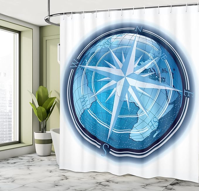 Ambesonne Compass Shower Curtain, Abstract Composition with Globe and Windrose Continents Ocean Modern Illustration, Cloth Fabric Bathroom Decor Set with Hooks, 69" W x 70" L, Navy Blue