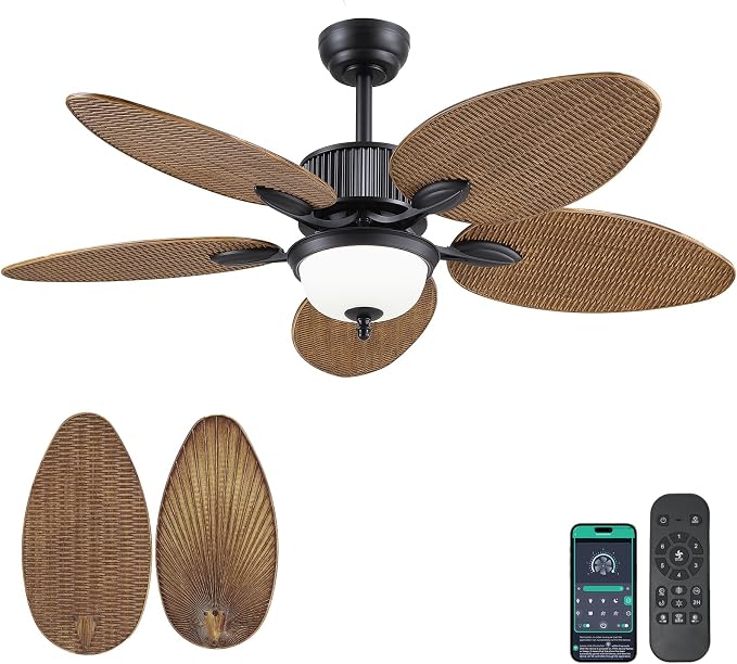 Wiviniya 50 Inch Tropical Ceiling Fans with Lights, Palm Leaf Waterproof Outdoor Ceiling Fan for Patios Porch, Remote/APP Control, Wet Rated, Glass Lampshade, Quiet DC Motor, Dimmable LED, Wood Grain