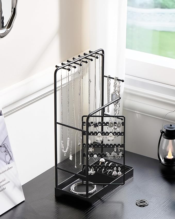 ProCase Jewelry Stand Holder Organizer and Storage, Black (No-Assembly) | Rotating Earring Bracelet Holder Storage, Hanging Jewelry Display Velvet Ring Tray, Teen Girls Birthday Gifts Room Dorm Decor