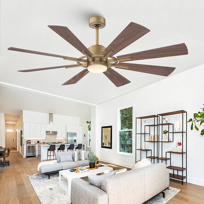 60 Inch Large Gold Ceiling Fan with Lights and Remote, Indoor Industrial Ceiling Fan for Living Room Commercial Garage, Modern High Big Ceiling Fan Quiet DC Motor, 3 CCT, Timer, 6-Speed