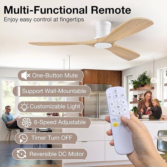 52” Wood Ceiling Fans with Lights Remote,Low Profile Flush Mount Ceiling Fan with Light,Outdoor Indoor Modern Ceiling fans for Bedroom Living room Patio,Light Wood&White,3 Blades,Dimmable LED,Quiet